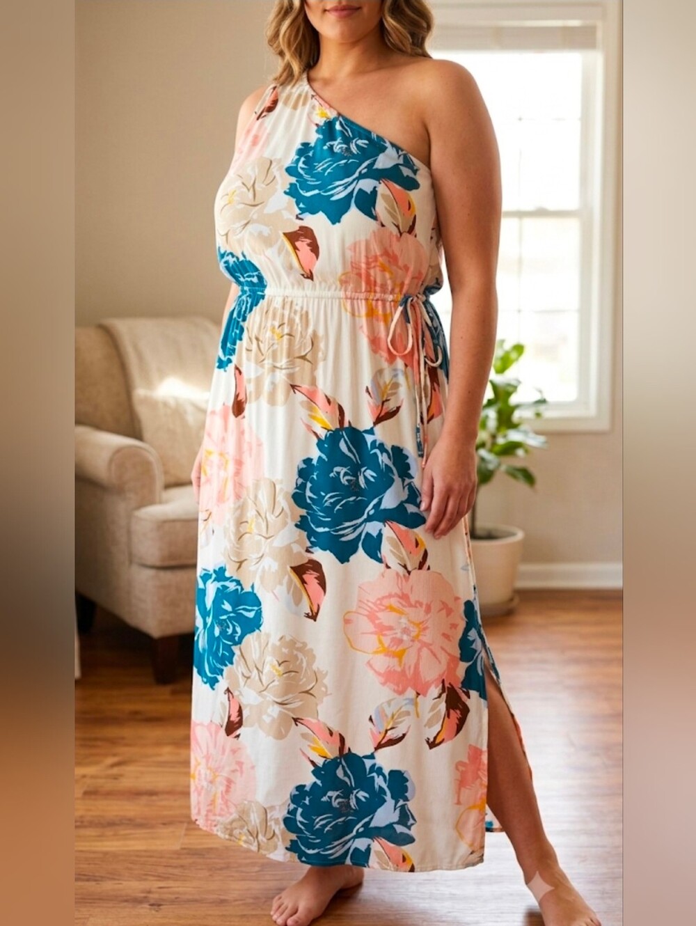 One-Shoulder Floral Maxi Dress in Teal & Blush